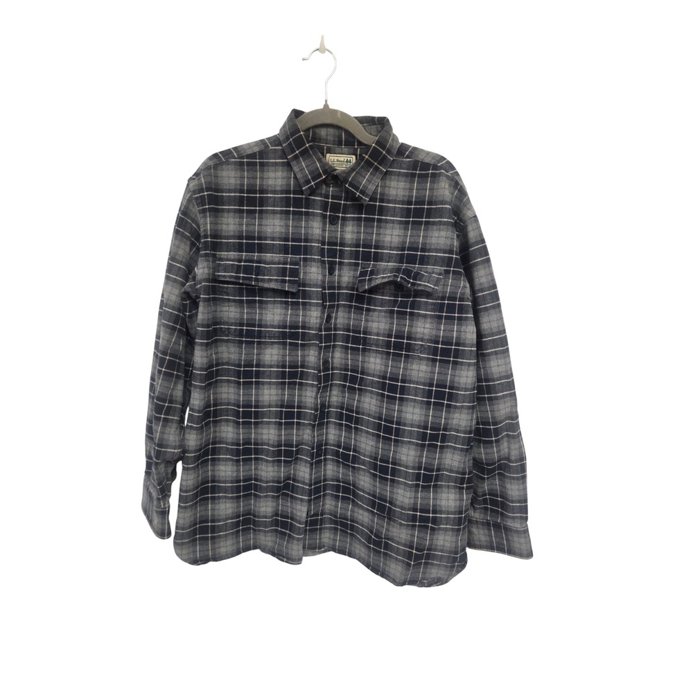 LL Bean Mens Large Regular Flannel Shirt Plaid Navy Gray Cotton 0FFN2
